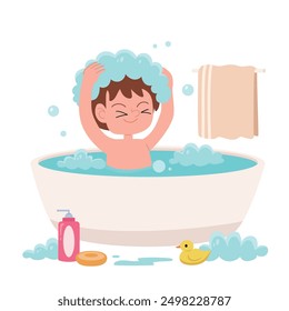 Little boy take a bath in bathub cartoon image