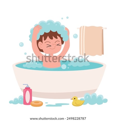 Little boy take a bath in bathub cartoon image