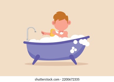 Little boy takes a bath in the bathtub. Cleaning concept. Flat vector illustrations isolated.