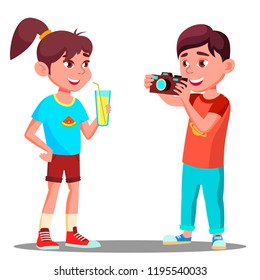 Little Boy Takes A Picture Of A Beautiful Girl Vector. Isolated Illustration