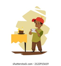 Little boy takes picture of birthday cake, flat vector illustration isolated on white background. Child with mobile phone photographing food. Concept of kids and social media.