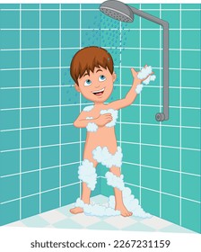 little boy taking a bath with shower