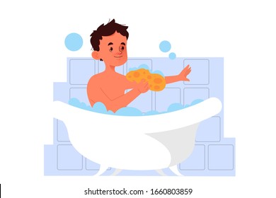Niño tomando un baño. Joven personaje masculino lavándose a sí mismo. Idea de salud e higiene. Concepto de horario escolar. Ilustración vectorial aislada en estilo caricaturista