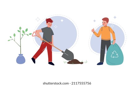 Little Boy Taking Care of Nature Planting Sapling in Soil and Gathering Garbage for Recycle Vector Set