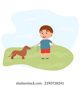 a little boy taking his dog for a walk in nature. Animal care, Vector illustration