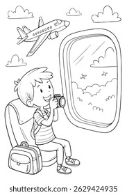 Little Boy Taking Photo on Airplane – Minimalist printable Travel Coloring Page for Kids