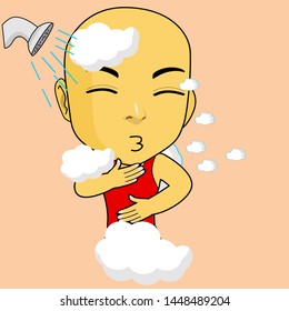 little boy is taking a shower, Vector cartoon illustration, cute and funny character