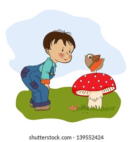 little  boy talk with funny bird, illustration in vector format
