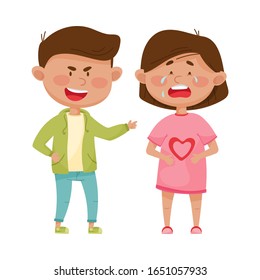 Little Boy Teasing and Laughing at Crying Girl Vector Illustration