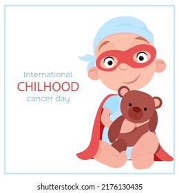 Little boy with teddy bear sits sick with cancer as a superhero on world cancer day