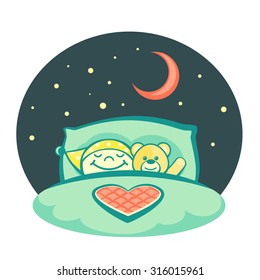 Little boy with a teddy bear sleeping in a bed, vector illustration in retro colors