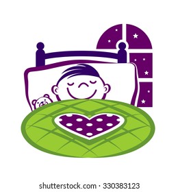 Little boy with a teddy bear sleeping in a bed, vector illustration