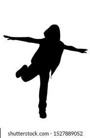 Little boy teenager in clothes with a hood stands joyfully on one leg with arms raised up