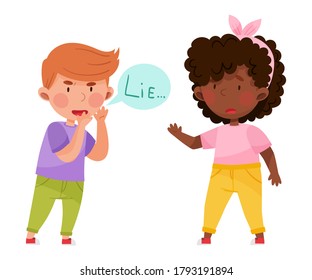 Little Boy Telling Lie To His Agemate Girl Vector Illustration