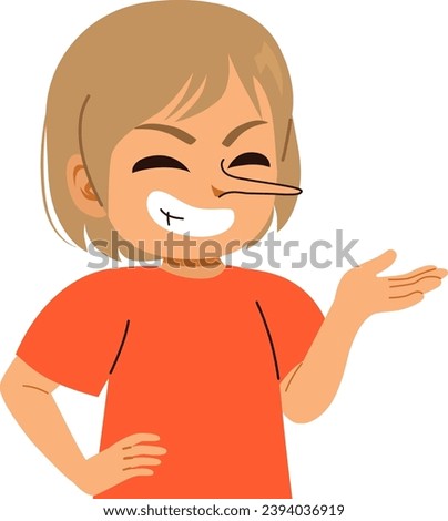Little Boy Telling Lies having a big nose suffering from compulsive dishonest behavior. Naughty child misbehaving bad education concept