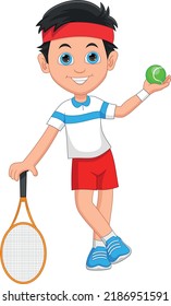 little boy tennis player holding racket and ball