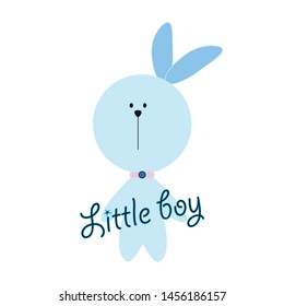 Little boy text, with cute blue bunny.   Illustration graphic vector, young and happy, t-shirt graphics, posters, party concept, textile graphic, baby shower, card.