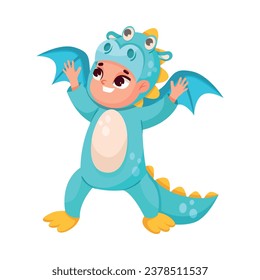 Little Boy in Theater Performance Wearing Dragon Costume Performing on Stage Vector Illustration