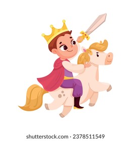 Little Boy in Theater Performance Wearing Prince Costume on Horse Performing on Stage Vector Illustration