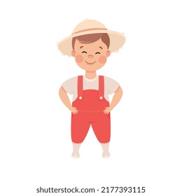 Little Boy in Theater Play Wearing Farmer Costume Performing on Stage Vector Illustration