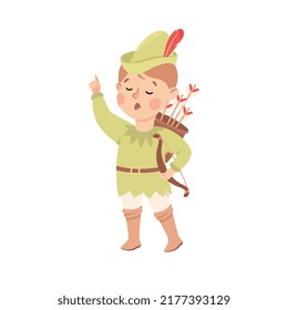 Little Boy in Theater Play Wearing Green Robin Hood Costume Performing on Stage Vector Illustration