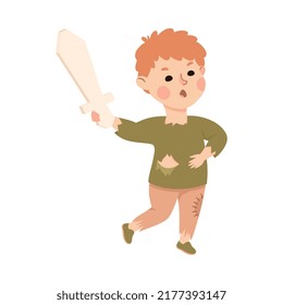 Little Boy in Theater Play Wearing Patched Costume with Sword Performing on Stage Vector Illustration