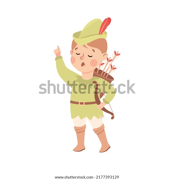 Little Boy in Theater Play\
Wearing Green Robin Hood Costume Performing on Stage Vector\
Illustration