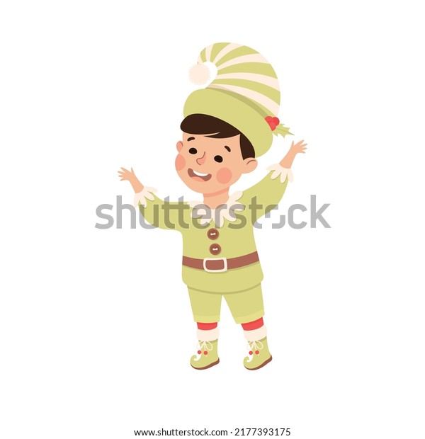 Little Boy in Theater Play Wearing\
Green Elf Costume Performing on Stage Vector\
Illustration