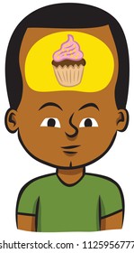 A little boy is thinking about a cupcake