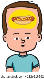 A little boy is thinking about a hot dog