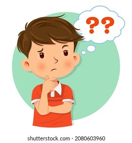 Little boy thinking. A bubble with question sign. Isolated on white background. Vector illustration