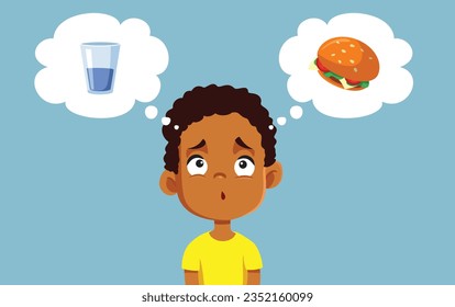 
Pequeño niño que piensa si tiene hambre o es una caricatura vectorial sedienta Ilustración. El hambre y la sed confusas entre los niños se sienten desconcertados
