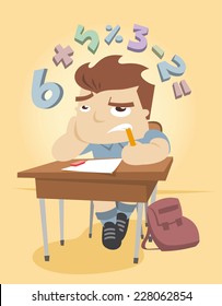 Little boy thinking to solve a math problem in school.