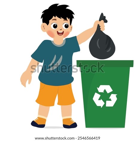 Little boy is throw away garbage in bin. Vector illustration in cartoon character flat style. little boy throwing trash bag in recycle bin vector image