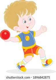 Little boy throwing a ball at range at an athletics competition on a sports ground, vector cartoon illustration isolated on a white background