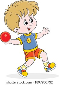 Little boy throwing a ball at range at an athletics competition on a sports ground, vector cartoon illustration isolated on a white background