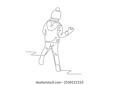 Little boy throwing snowballs. Children playing in the snow concept one-line drawing