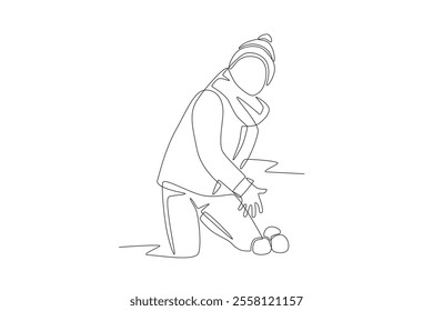 Little boy throwing snowballs. Children playing in the snow concept one-line drawing