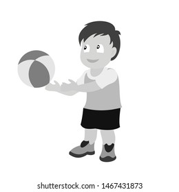 The little boy throws the ball out of his hands. Grey scale vector illustration of flat design.
