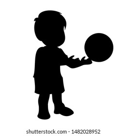 Little boy throws the ball out of his hands. Black vector graphic illustration  isolated on white background. 
