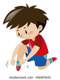 Little boy tiding shoelaces by himself illustration