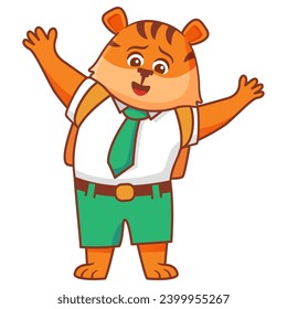 Little boy tiger animal.Happy kid tiger.Animal childhood cartoon.Student put hand up.Kid kawaii animal go to school.Animalistic childish character.Cute animal student.Line art vector.