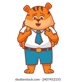 Little boy tiger animal.Happy kid tiger.Animal childhood cartoon.Student put hand up.School children tiger character with a backpack.Back to school animal. Tiger elementary student.