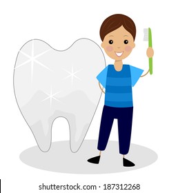 little boy with a tooth brush in hands see to the teeth,  vector  illustration