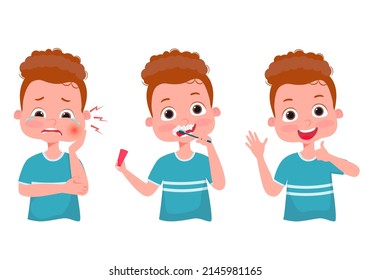 Little boy with tooth brush and toothpaste. Child brushing teeth.Dental kids.Toothache. Baby crying for pain. Happy baby smile. Healthy teeth. Hygiene. Vector illustration.
