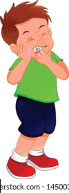 little boy toothache holding cheek