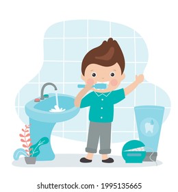 Kleiner Junge mit Zahnbürsten Zahnbürsten. Der glückliche Teenager im Badezimmer reinigt die Zähne. Werkzeuge für persönliche Hygiene. Tägliche Routine-, Zahnpflege. Kindermonitore für Mundhygiene.Trendflache Vektorgrafik