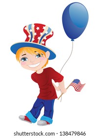 Little boy in the top hat with blue balloon and with flag.