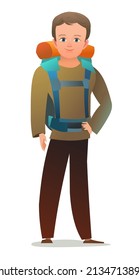 Little boy tourist backpacker. Teen with backpack on his back. Cheerful person. Standing pose. Cartoon comic style flat design. Single character. Illustration isolated on white background. Vector.