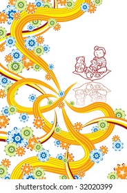 The little boy and toys in abstract collage. Vector illustration. Isolated groups and layers. Global colors.
